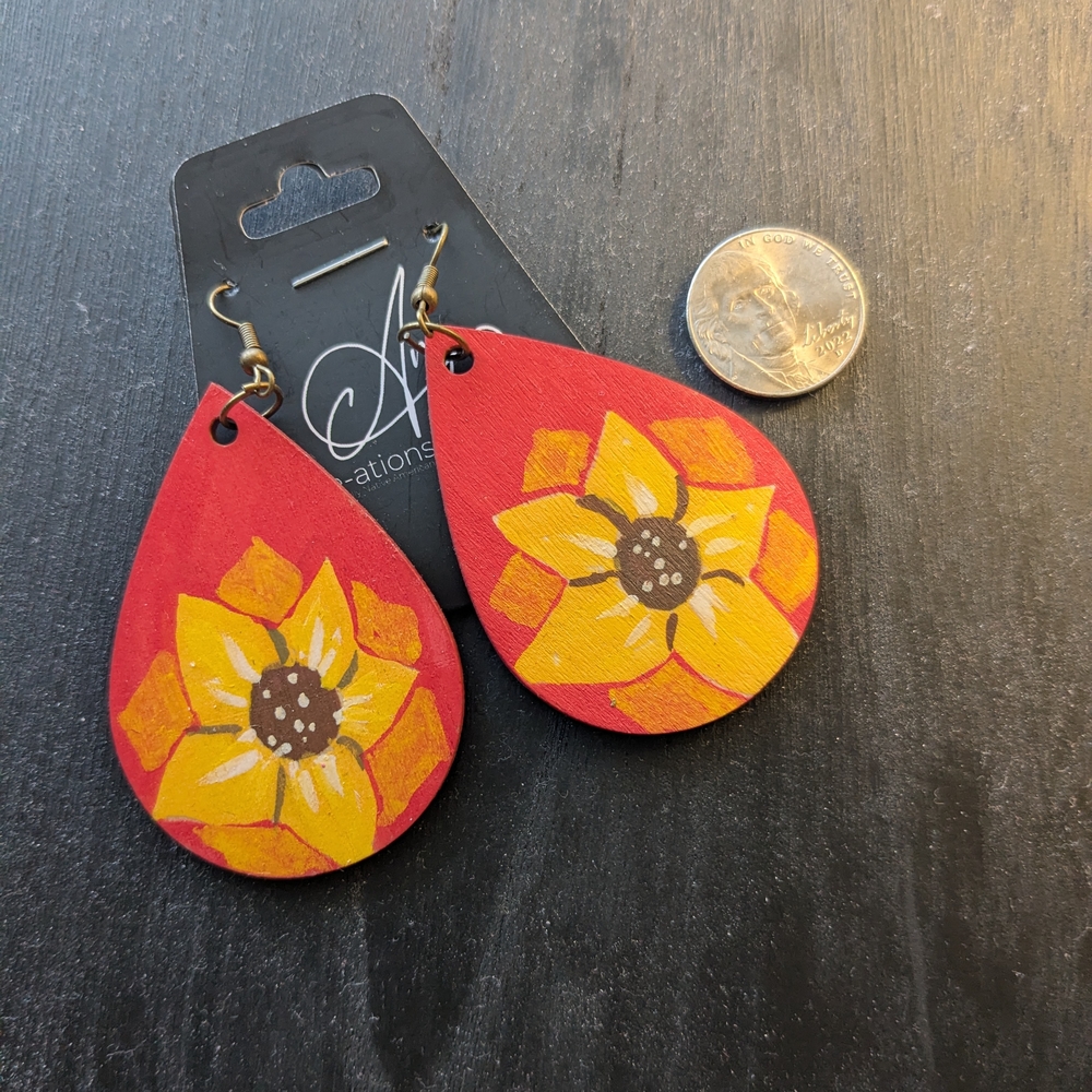 Hand-Painted Red Teardrop Sunflower Earrings